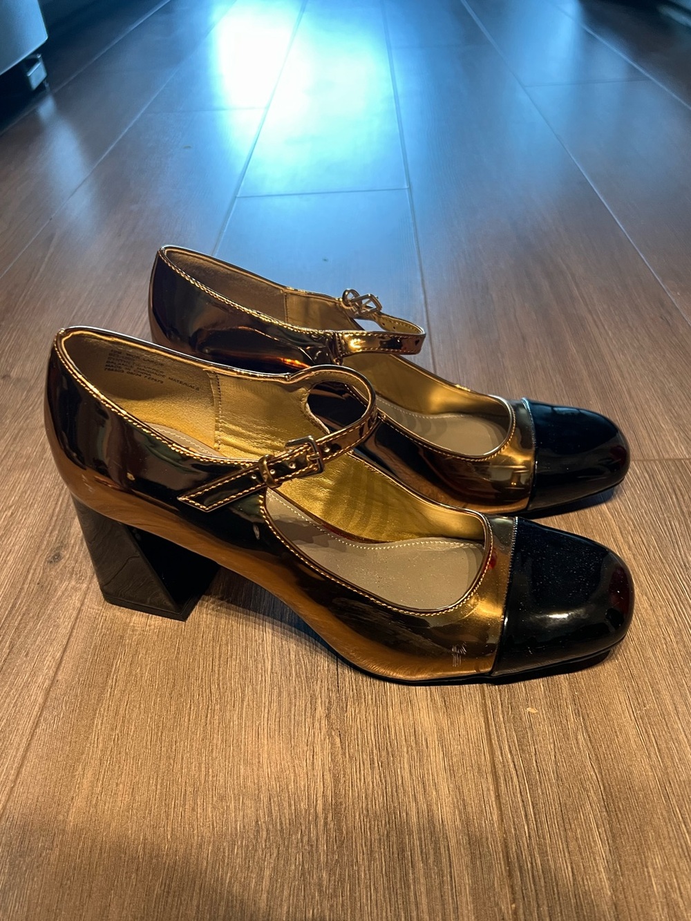Patent Mary Jane Block Heel Pumps in Metallic Gold and Black